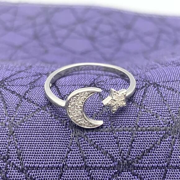 925 Sterling Silver Moon And Star Ring, Size 5.5 CZ Or Diamonds, Moon Star Band - Picture 2 of 9